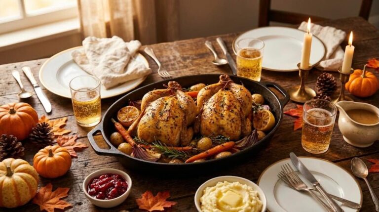 Two roasted Cornish hens on a cozy table set for a small Thanksgiving dinner