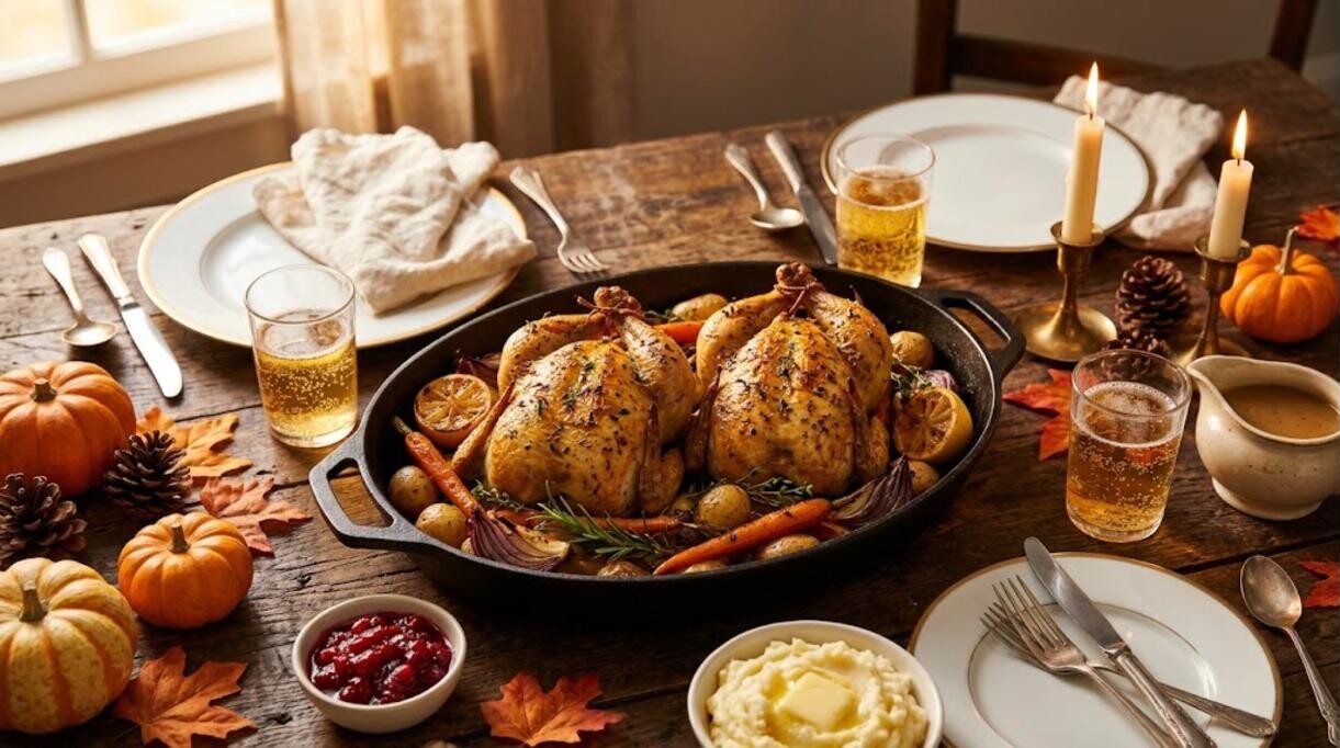 Two roasted Cornish hens, perfect for small Thanksgiving dinners