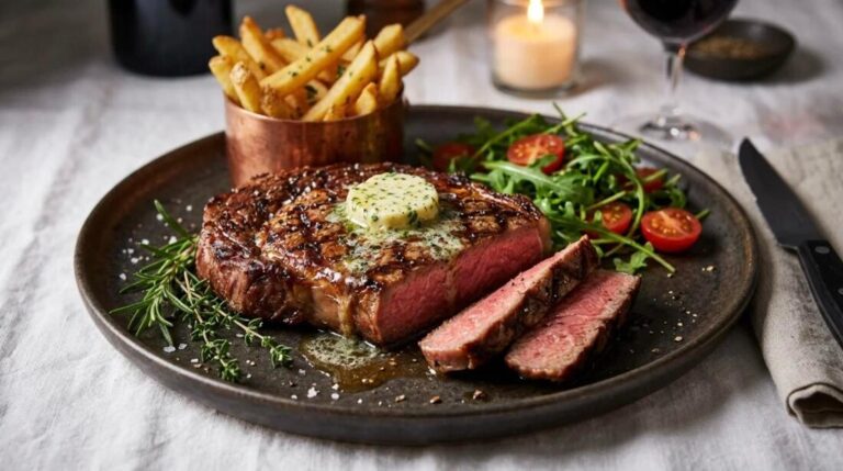 Steak dinners at home: grilled ribeye with herb butter, fries and arugula salad