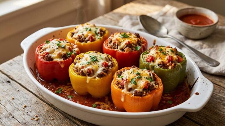 Stuffed dinners: classic stuffed peppers with beef, rice and melted cheese