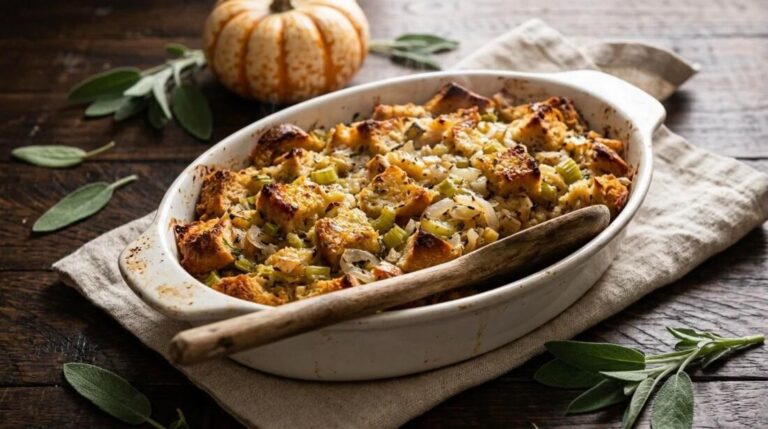 Stuffing recipes classic sage bread stuffing in a white baking dish with a wooden spoon