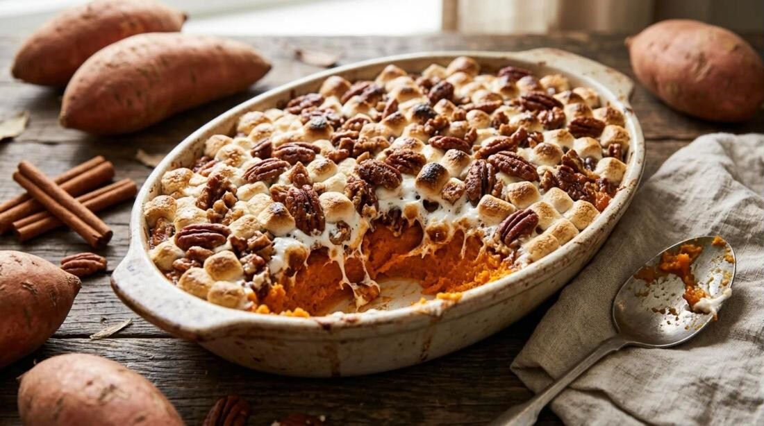 Sweet potato recipes classic casserole with toasted marshmallows and pecans in a baking dish