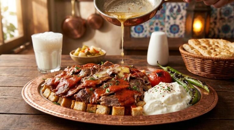 Turkish Iskender kebab with tomato sauce, melted butter and yogurt