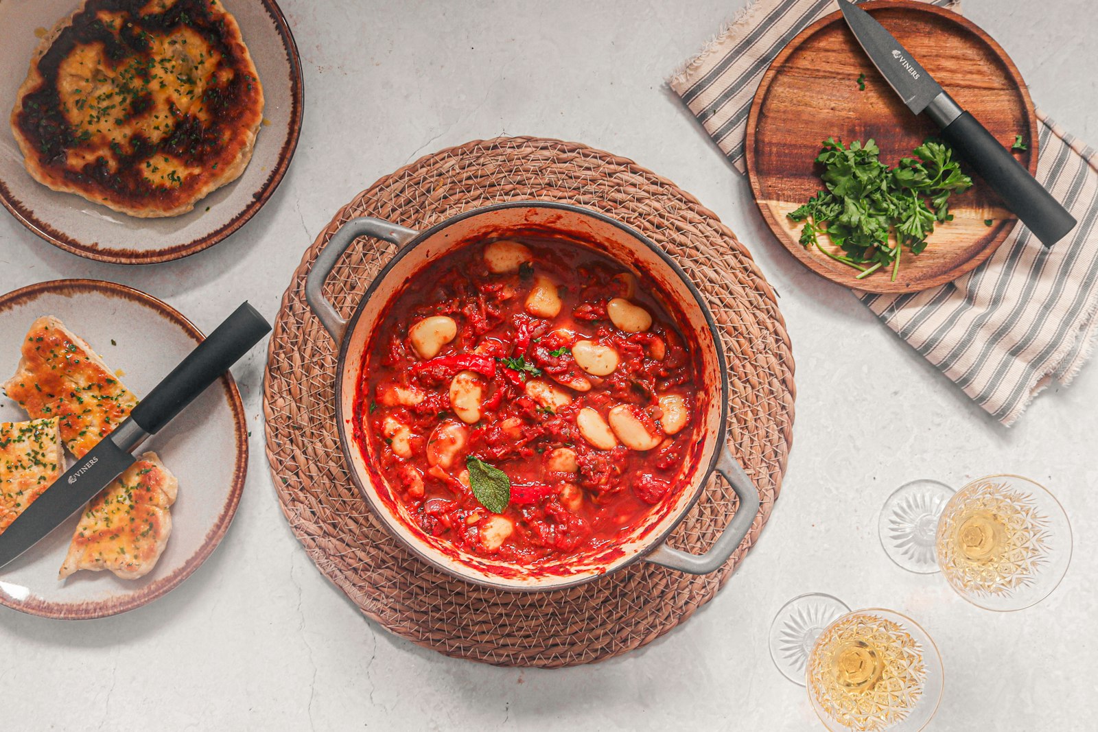 Three bean vegetarian stew in a bowl