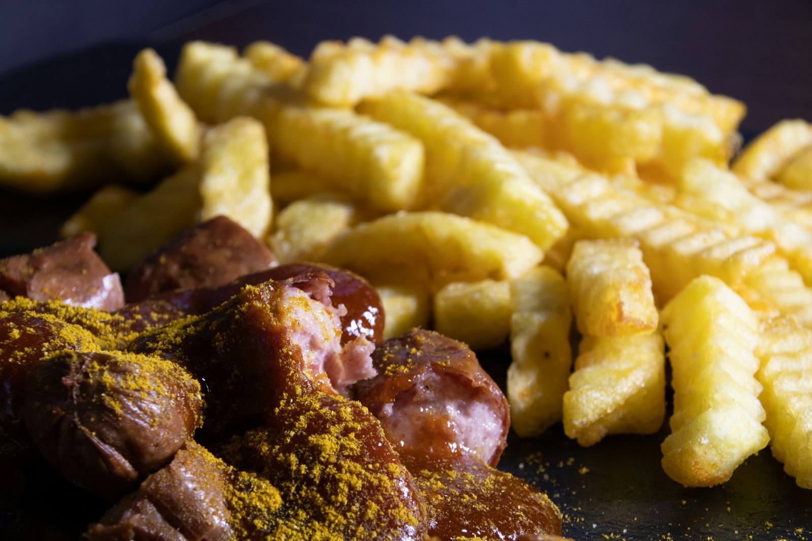 Sausage with fries, currywurst style