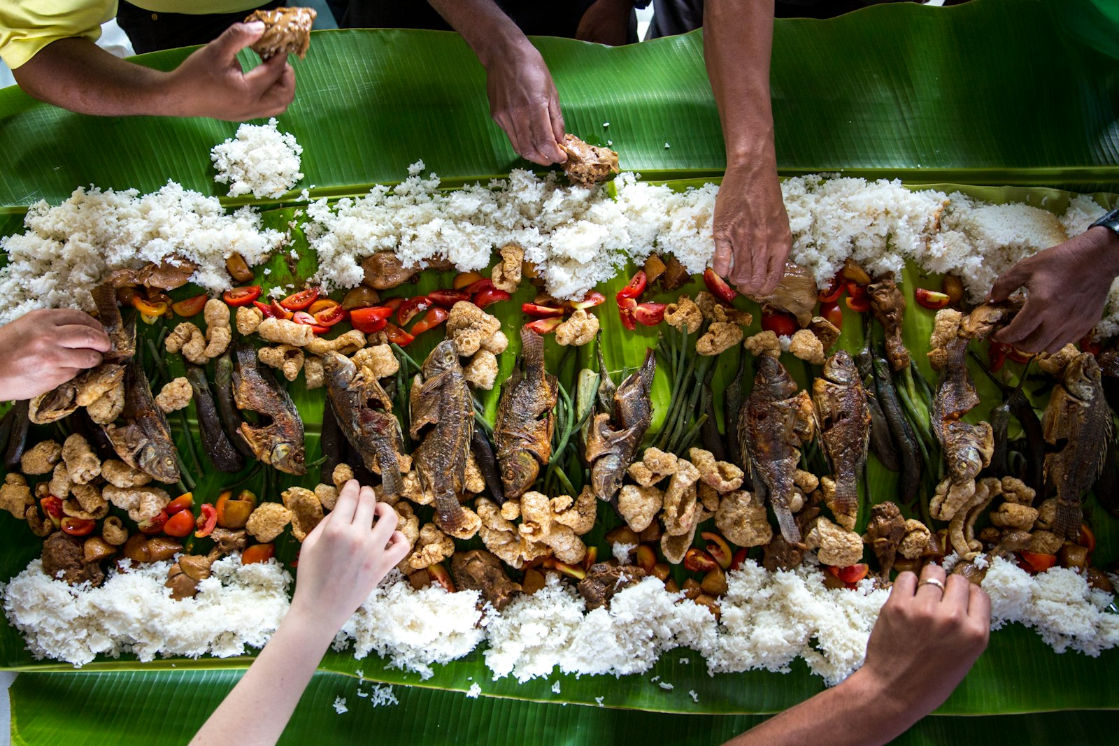 Filipino boodle fight feast on banana leaves