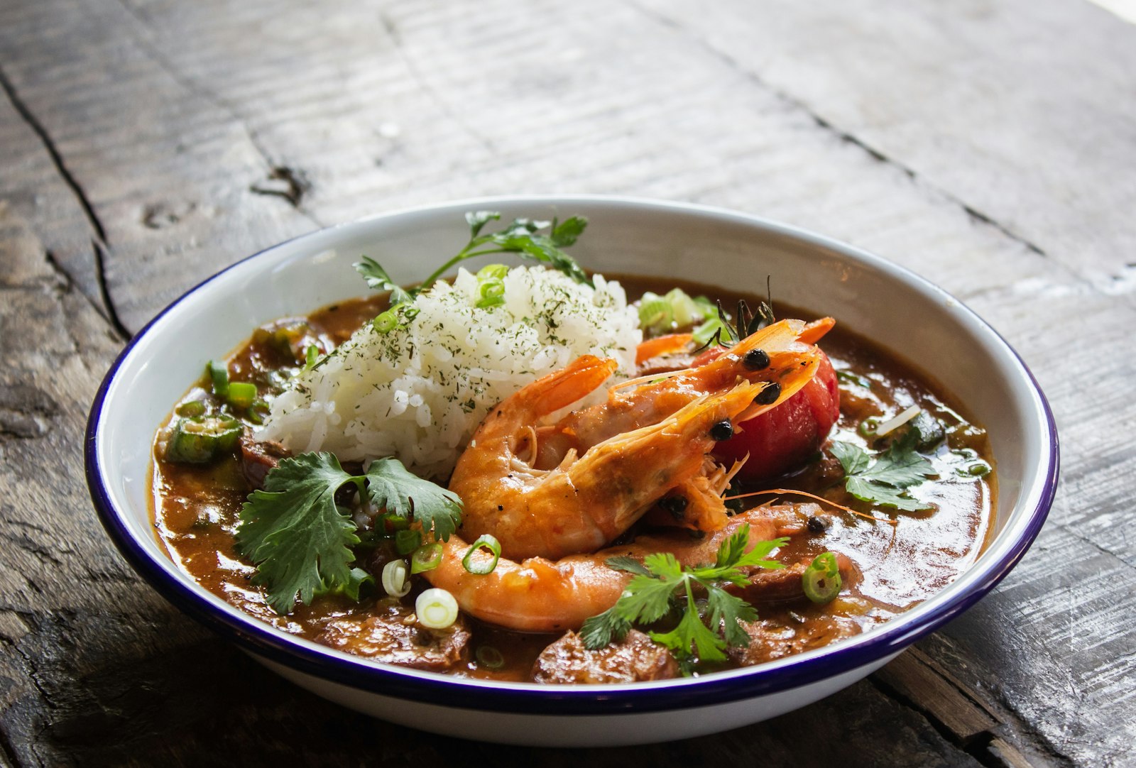 Shrimp dinners from New Orleans: gumbo with white rice
