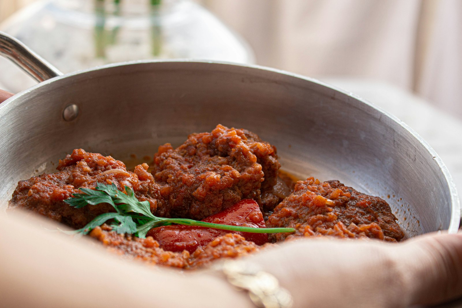 Chicken cacciatore in red sauce in a pan