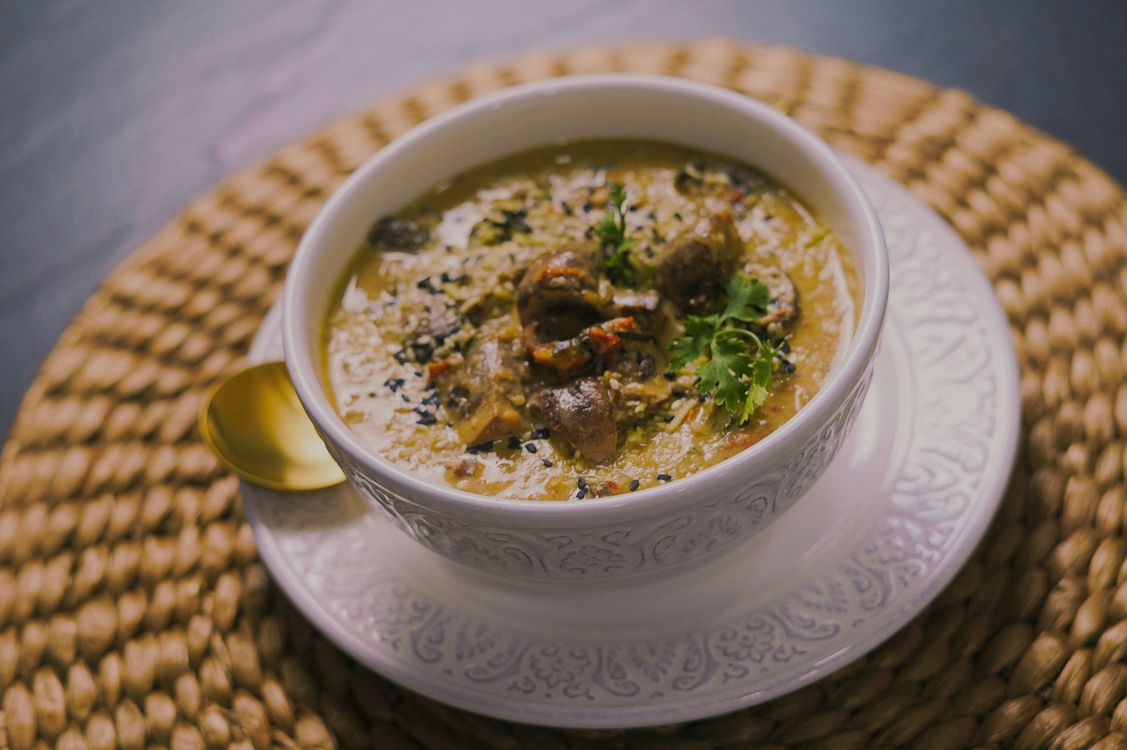 Creamy chicken and wild rice soup with mushrooms