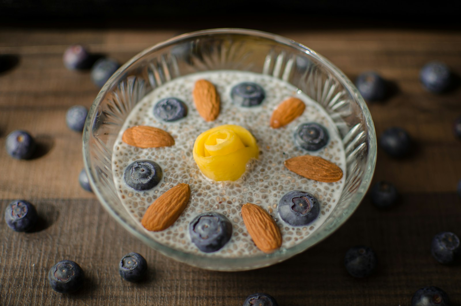 Chia pudding topped with blueberries and almonds