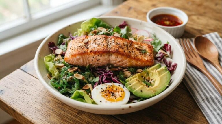 Anti-inflammatory foods salmon power bowl with avocado, greens and egg
