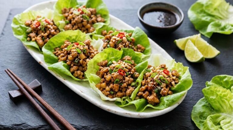 Healthy wraps: Asian chicken lettuce wraps on a white platter