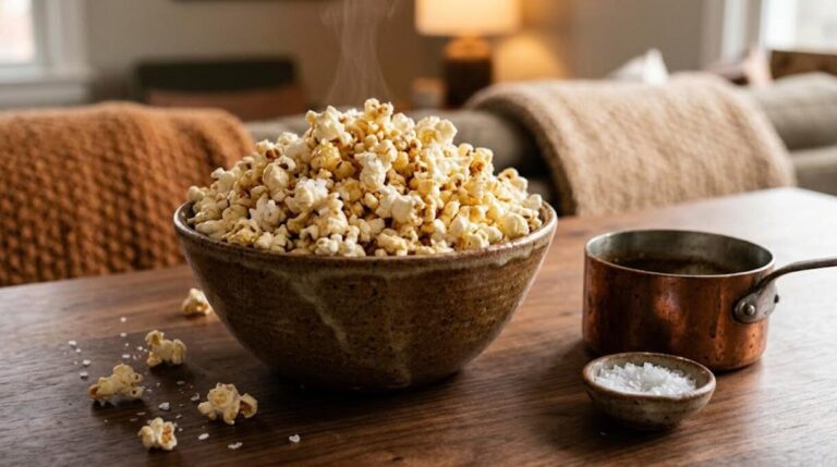 Brown butter popcorn in a rustic bowl