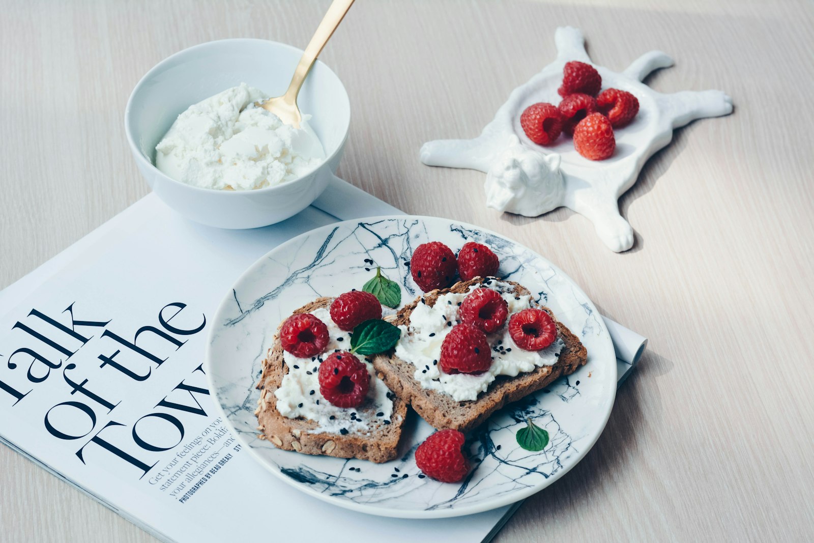 Toast with raspberries and a creamy spread