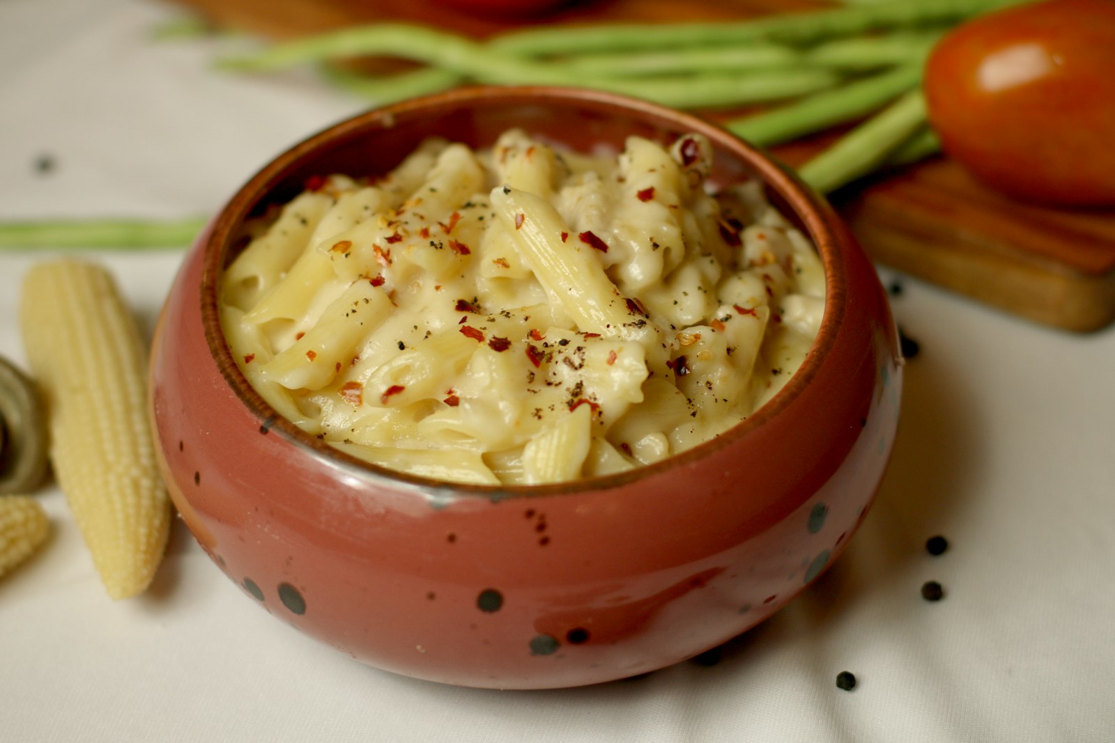 Creamed corn side in a clay bowl