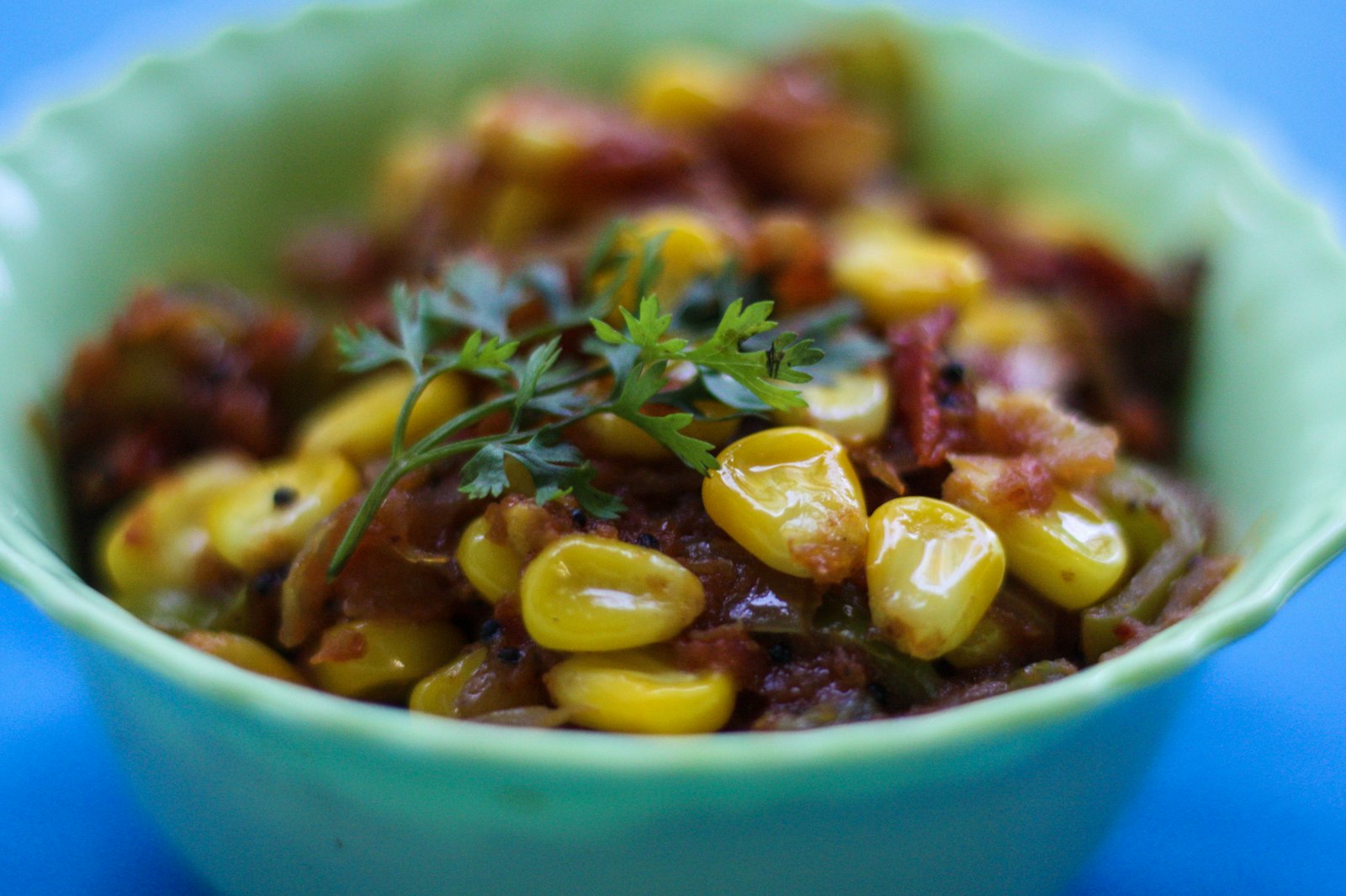 Black bean salad in a blue bowl