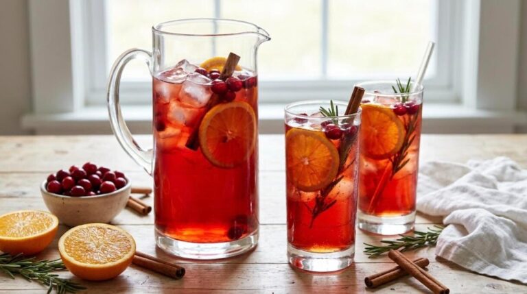 Cranberry orange iced tea in a glass pitcher