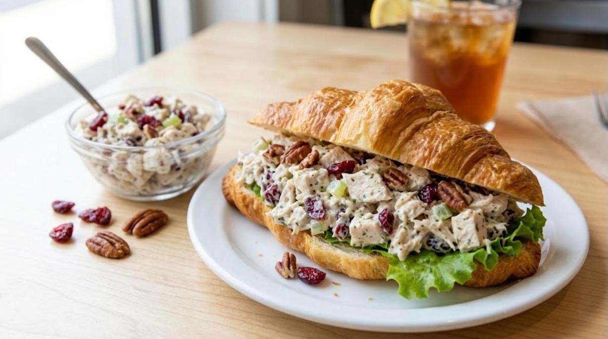 Deli style cranberry pecan chicken salad on a croissant