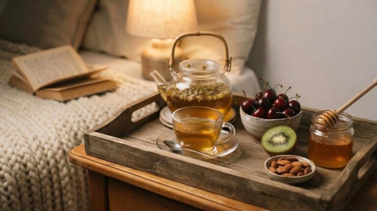Foods for sleep: chamomile tea, cherries, kiwi, almonds and honey on a bedside tray