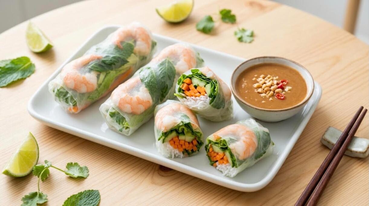 Fresh spring rolls with shrimp, herbs and peanut dipping sauce on a platter