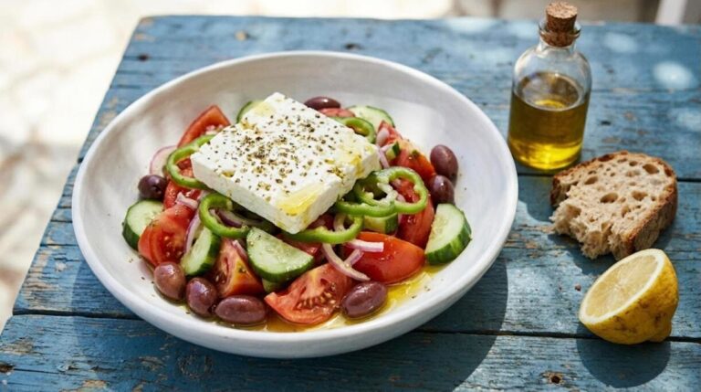 Classic salads: Greek horiatiki with feta, tomatoes, cucumber and olives