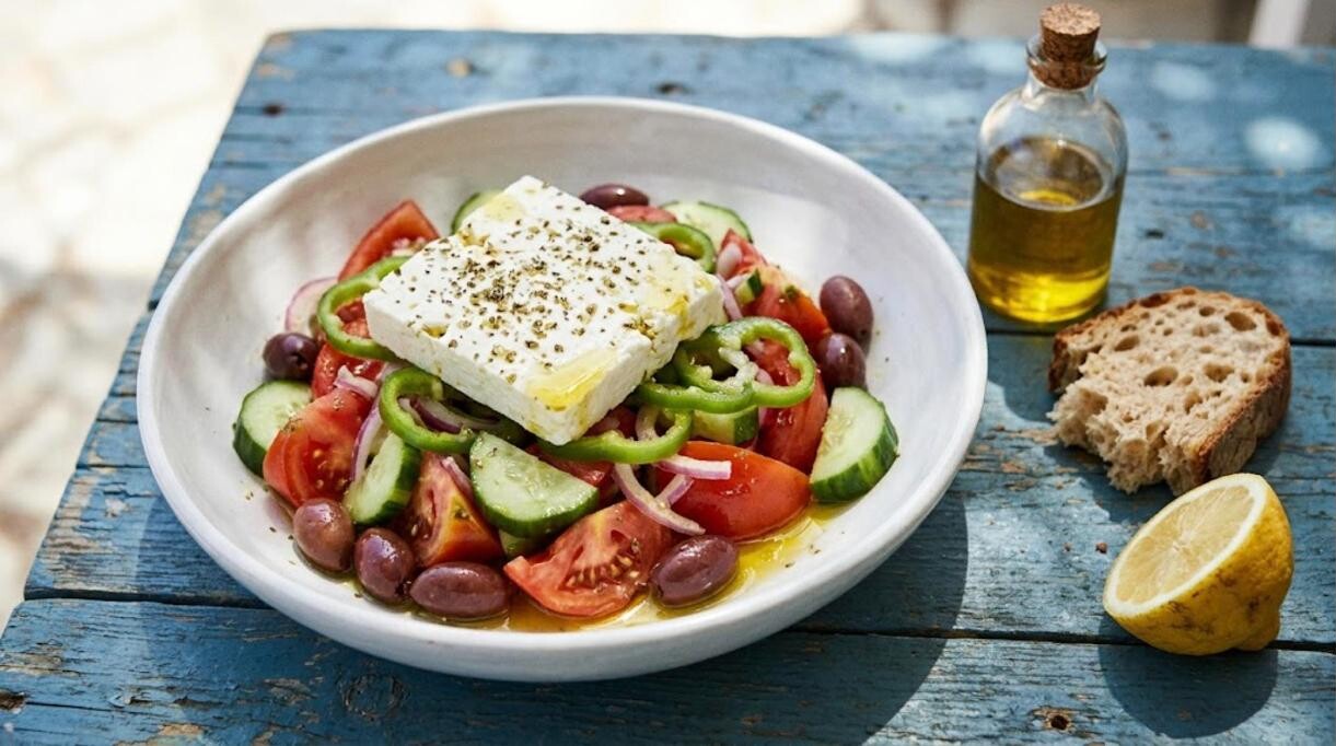 Classic salads: Greek horiatiki with feta, tomatoes, cucumber and olives