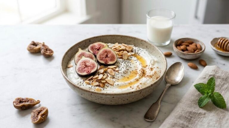 Calcium rich foods: Greek yogurt bowl with figs, almonds, chia and honey