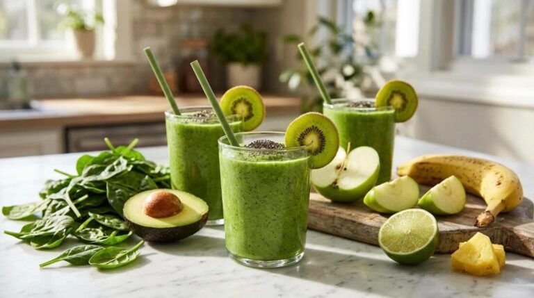 Green smoothie recipes: three glasses of green smoothie with kiwi, spinach, avocado and apple