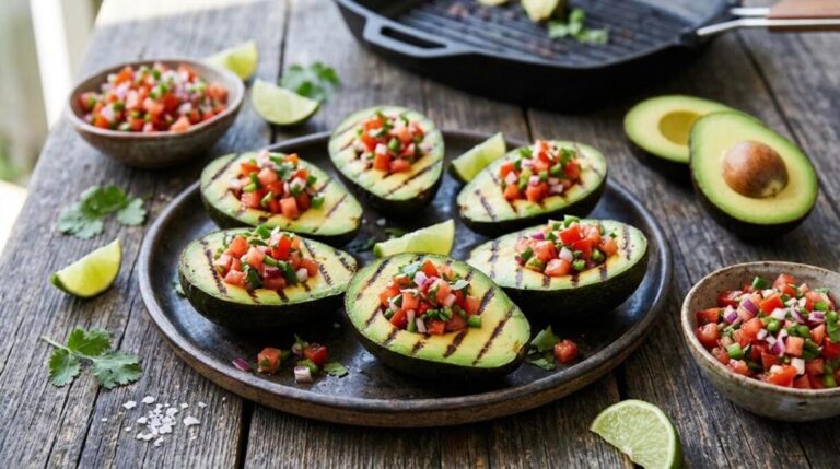 Grilled avocado halves filled with fresh salsa
