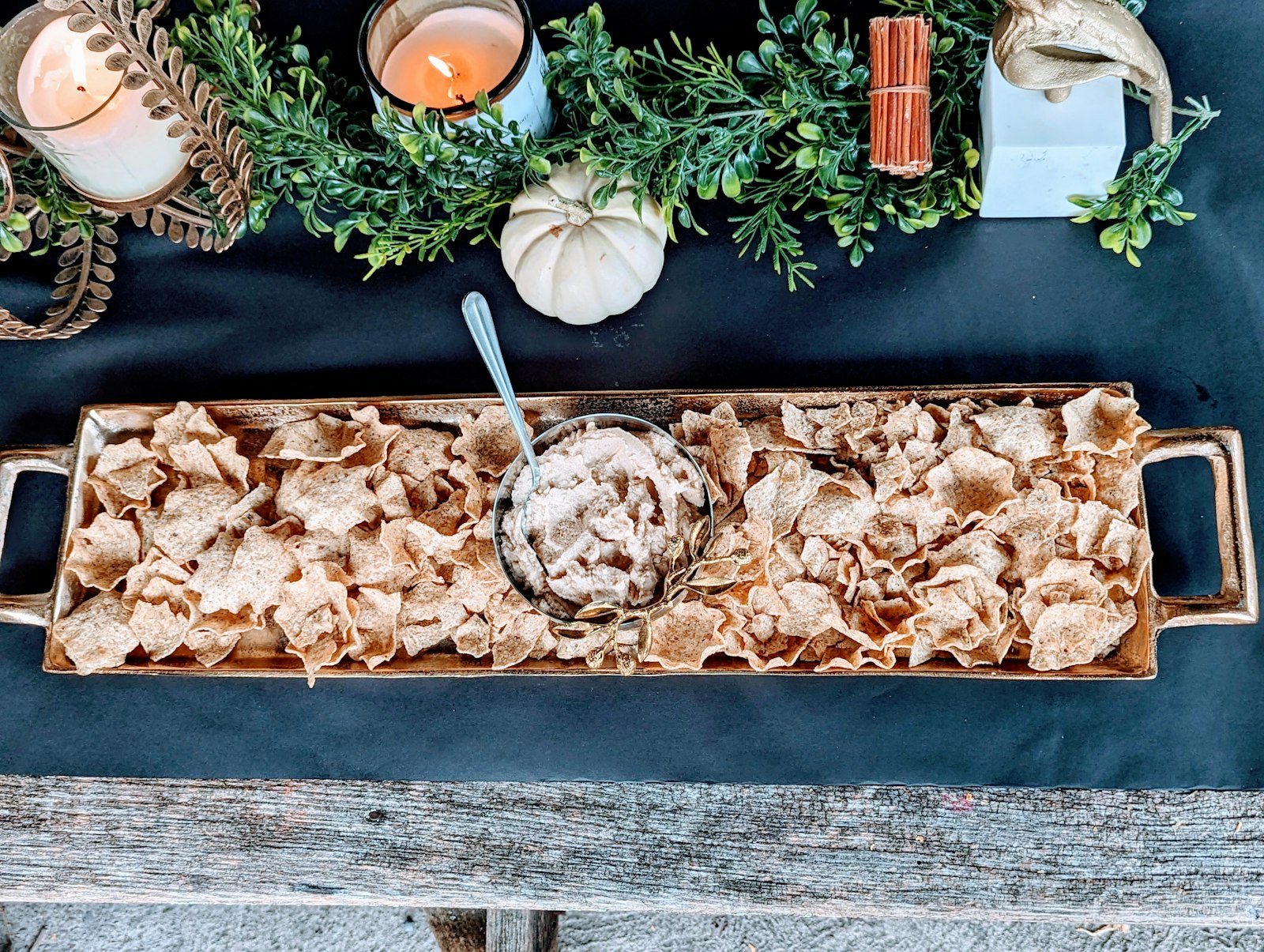 French onion dip with a tray of chips