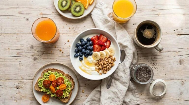 Healthy breakfast ideas: yogurt bowl with berries, avocado toast, kiwi and orange juice