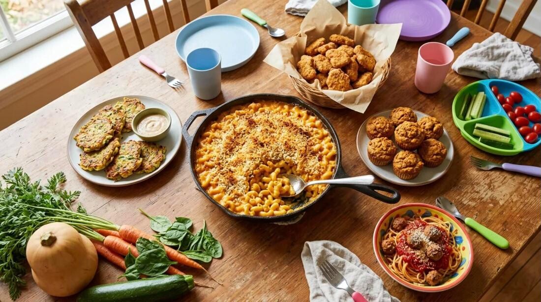 Hidden veggie recipes: butternut mac and cheese, zucchini fritters, nuggets and muffins on a family table