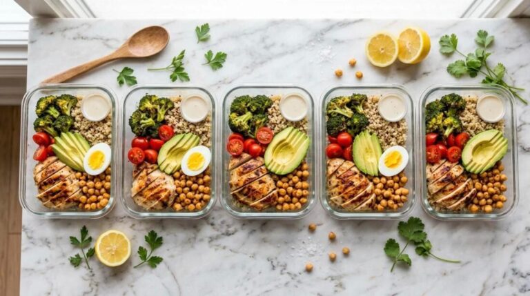 High protein meal prep containers with grilled chicken, quinoa, chickpeas and eggs