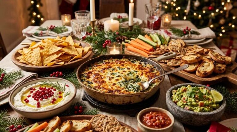 Holiday dip recipes: baked spinach artichoke dip, whipped feta, guacamole and salsa on a festive table