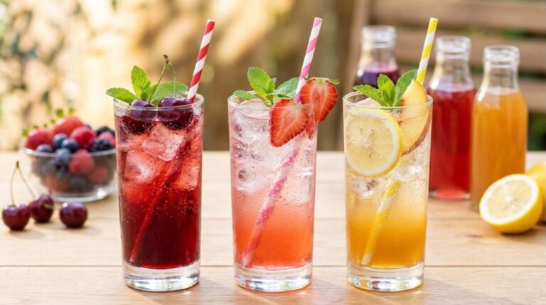 Homemade soda with fresh fruit syrups in glass bottles and tall glasses