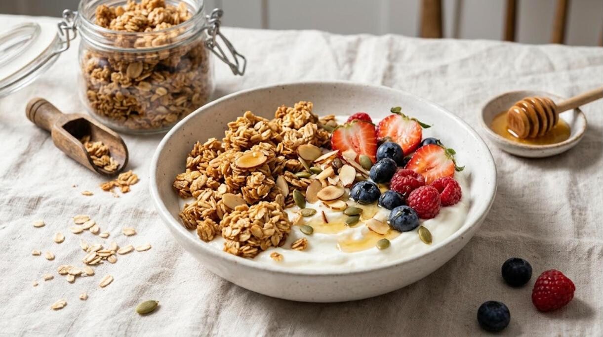 Homemade granola clusters on Greek yogurt with fresh berries and honey