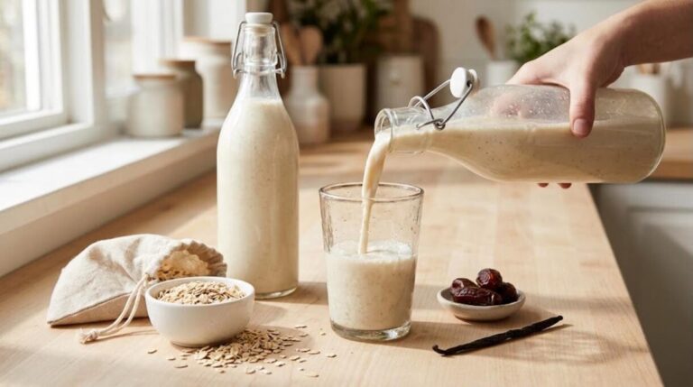 Creamy homemade oat milk in glass bottles with rolled oats