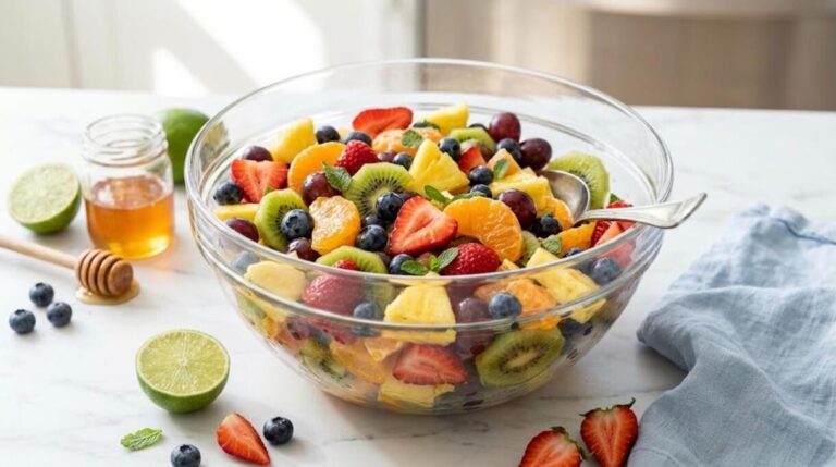 Honey lime rainbow fruit salad in a glass bowl