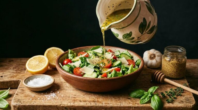 Lemon herb salad dressing poured over a fresh salad