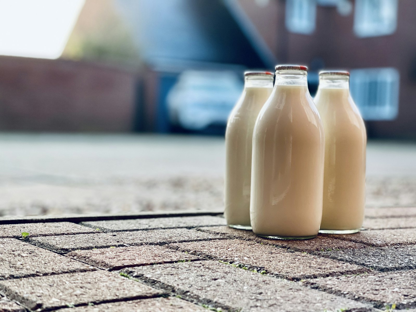 Homemade nut milk in three glass bottles