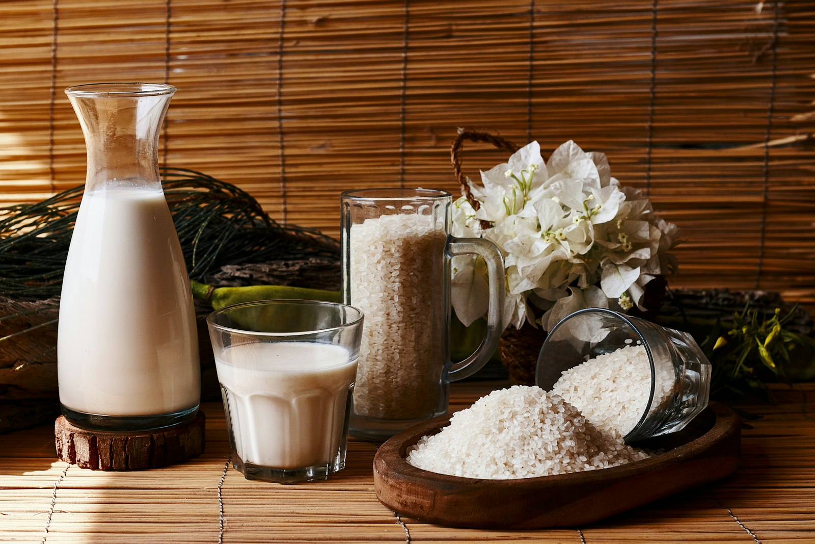 Glass carafe of creamy coconut rice drink