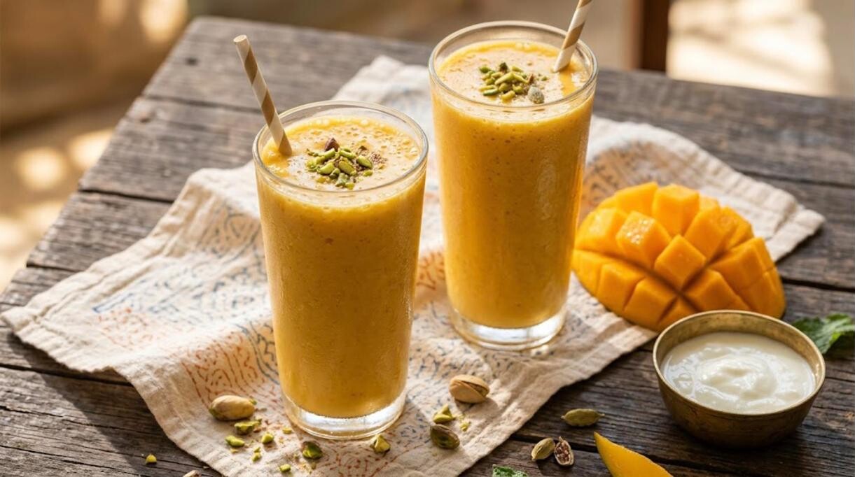 Yogurt drinks: two glasses of mango lassi with pistachios and fresh mango
