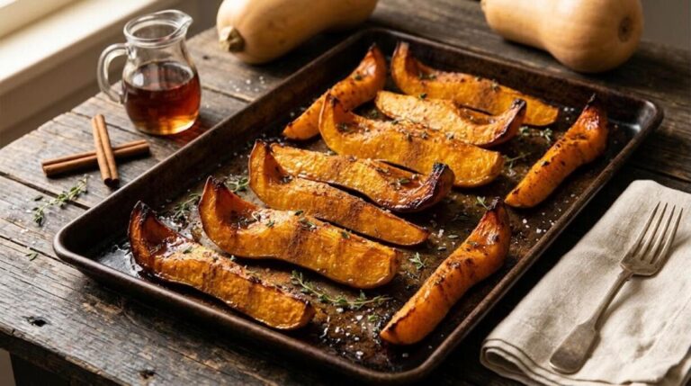 Maple roasted winter squash wedges on a rustic sheet pan
