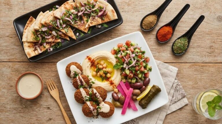 Mediterranean diet falafel and hummus platter with pita, olives and spices