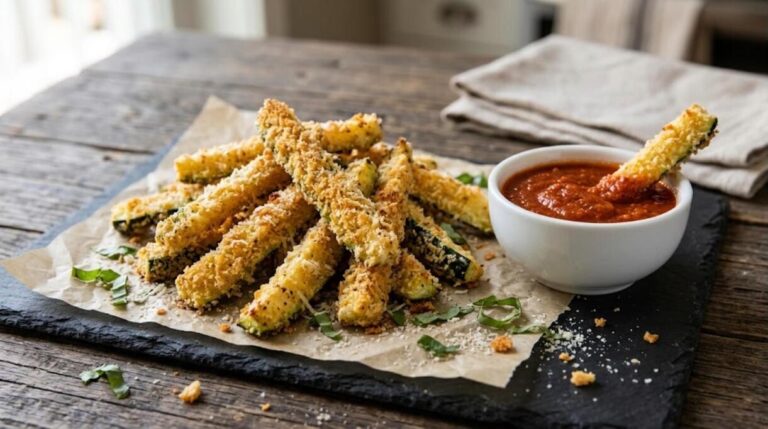 Crispy parmesan zucchini fries with marinara dipping sauce