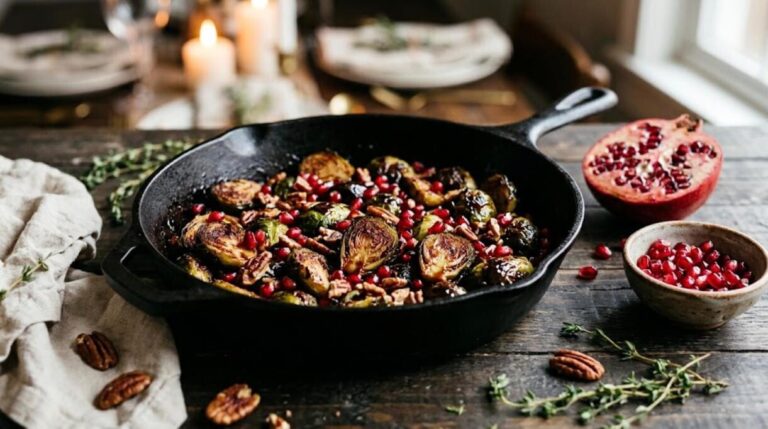 Roasted Brussels sprouts with pomegranate seeds and a pomegranate glaze