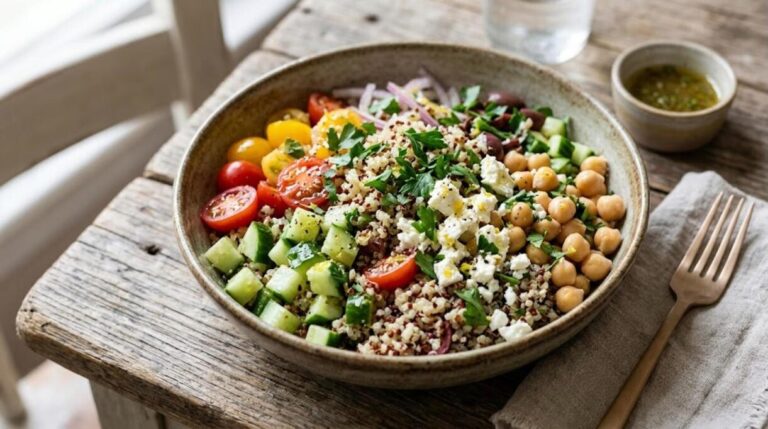 Mediterranean quinoa salad bowl with chickpeas, feta, cucumber and cherry tomatoes