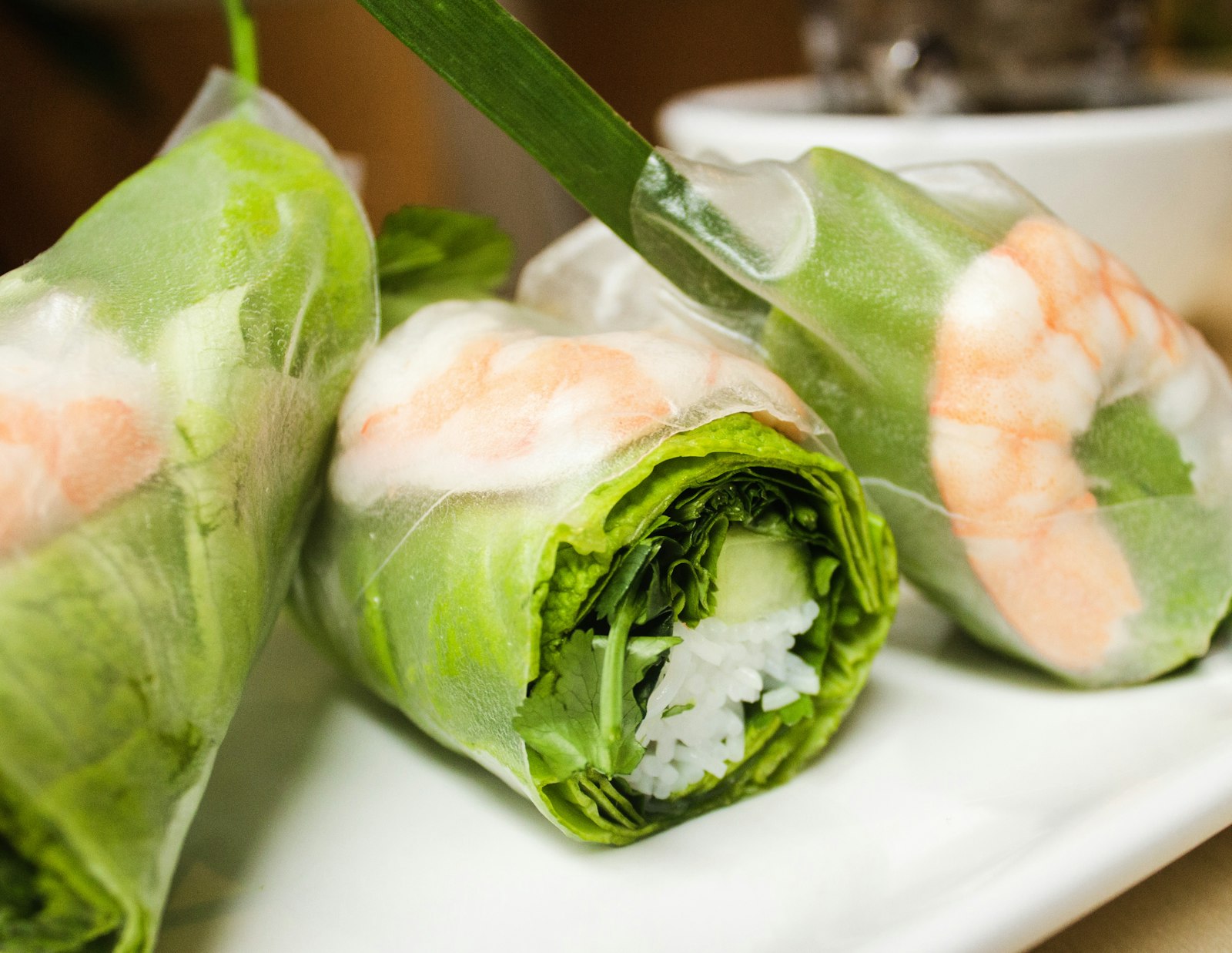 Close up of shrimp summer rolls with lettuce