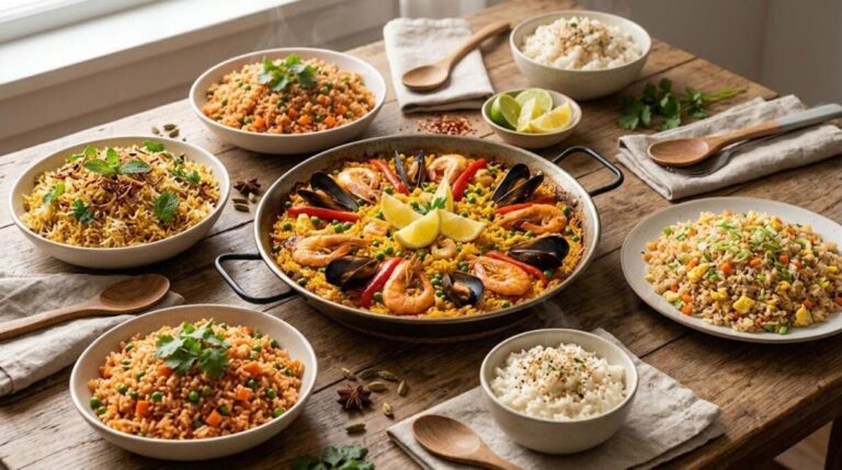 Rice dishes from around the world on a rustic dinner table with paella in the center