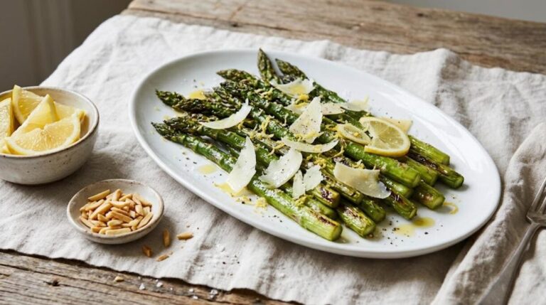 Roasted asparagus with shaved parmesan and lemon on a white platter